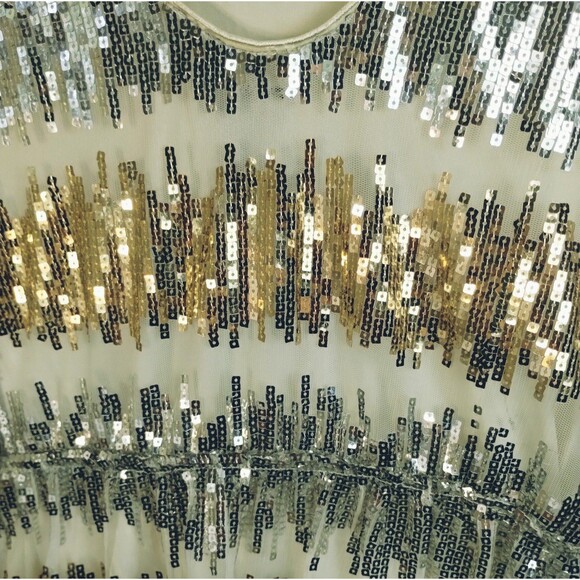 Silver Gold Sequin Festival Dress Size M Tulle Elastic Waist Cap Sleeve Whimsy - Picture 5 of 11